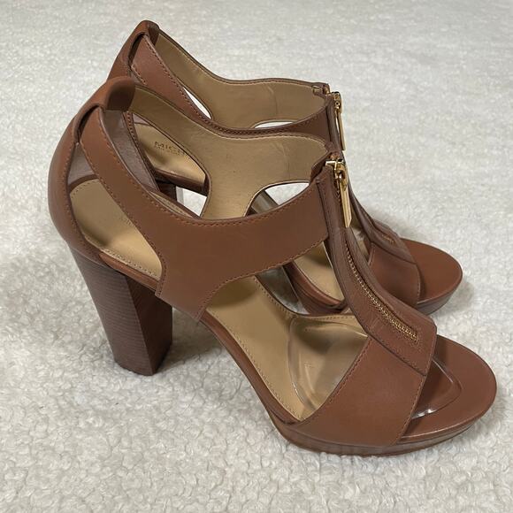 Michael Michael Kors Berkley T-Strap Sandals Heels Brown Leather Platform 10 - Picture 4 of 9
